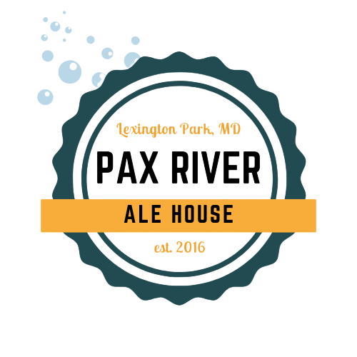 A badge-style logo for Pax River Ale House in Lexington Park, Maryland, established in 2016, featuring a black circle with a scalloped edge, blue bubbles in the background, and orange and black text.