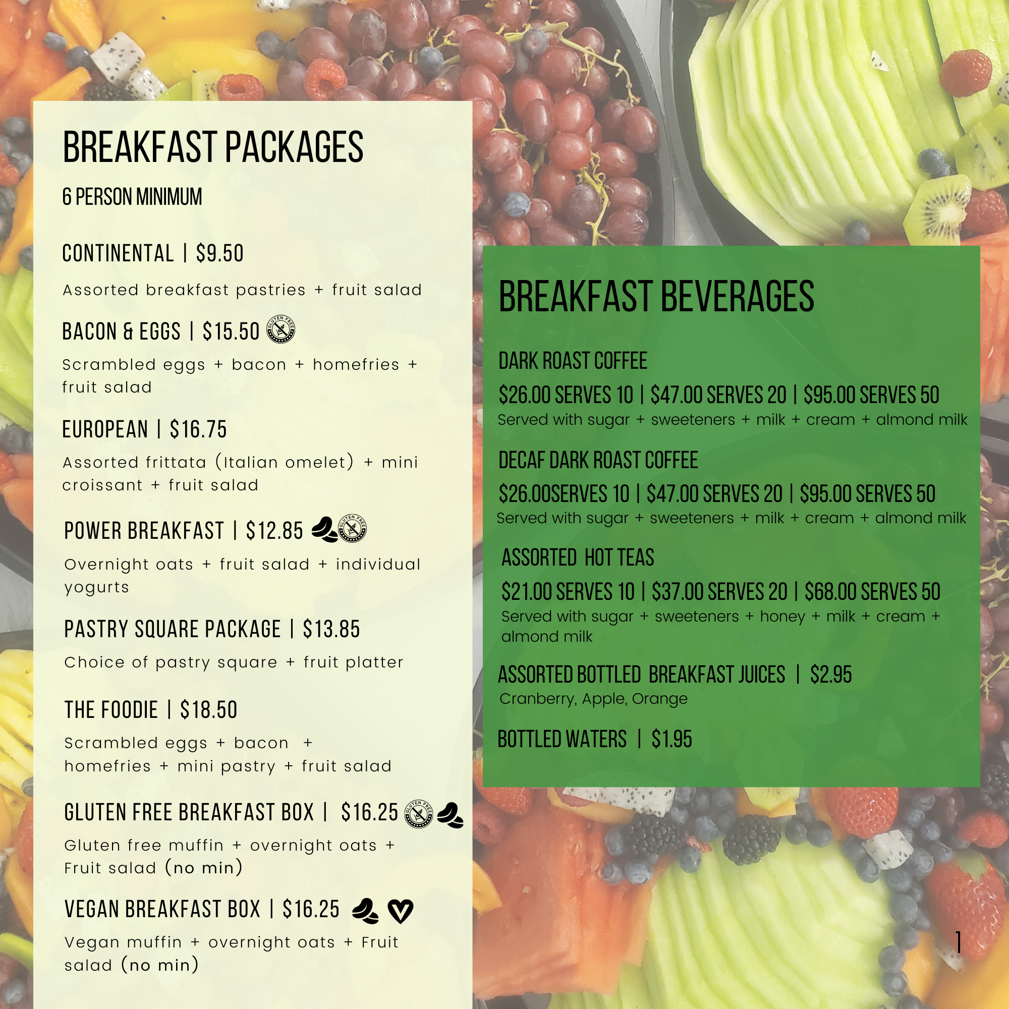 Menu displaying breakfast packages and beverages