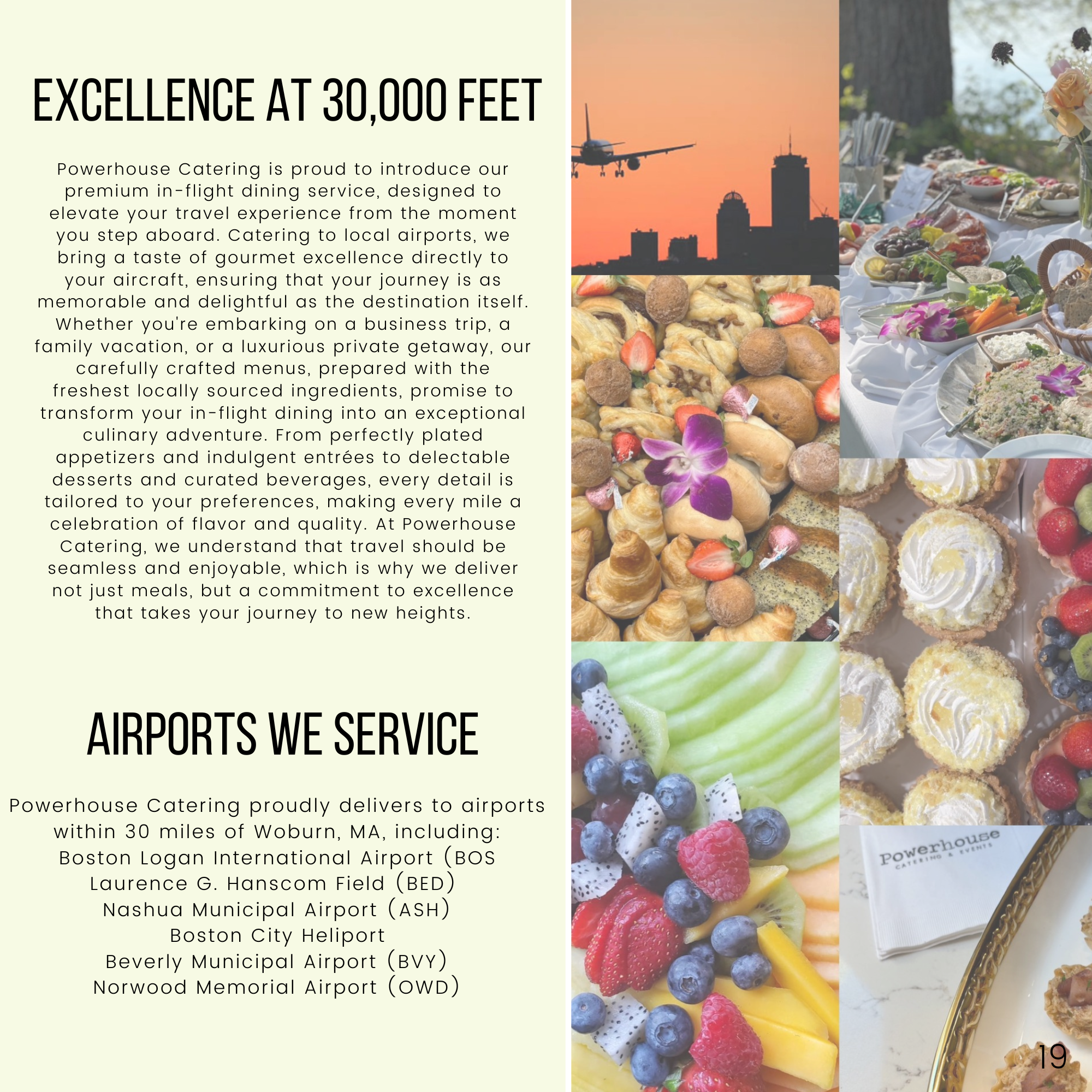 Flyer promoting Powerhouse Catering's premium in-flight dining service, highlighting gourmet meals and airport delivery within 30 miles of Woburn, MA. Features images of plated food, an airplane, and a city skyline.
