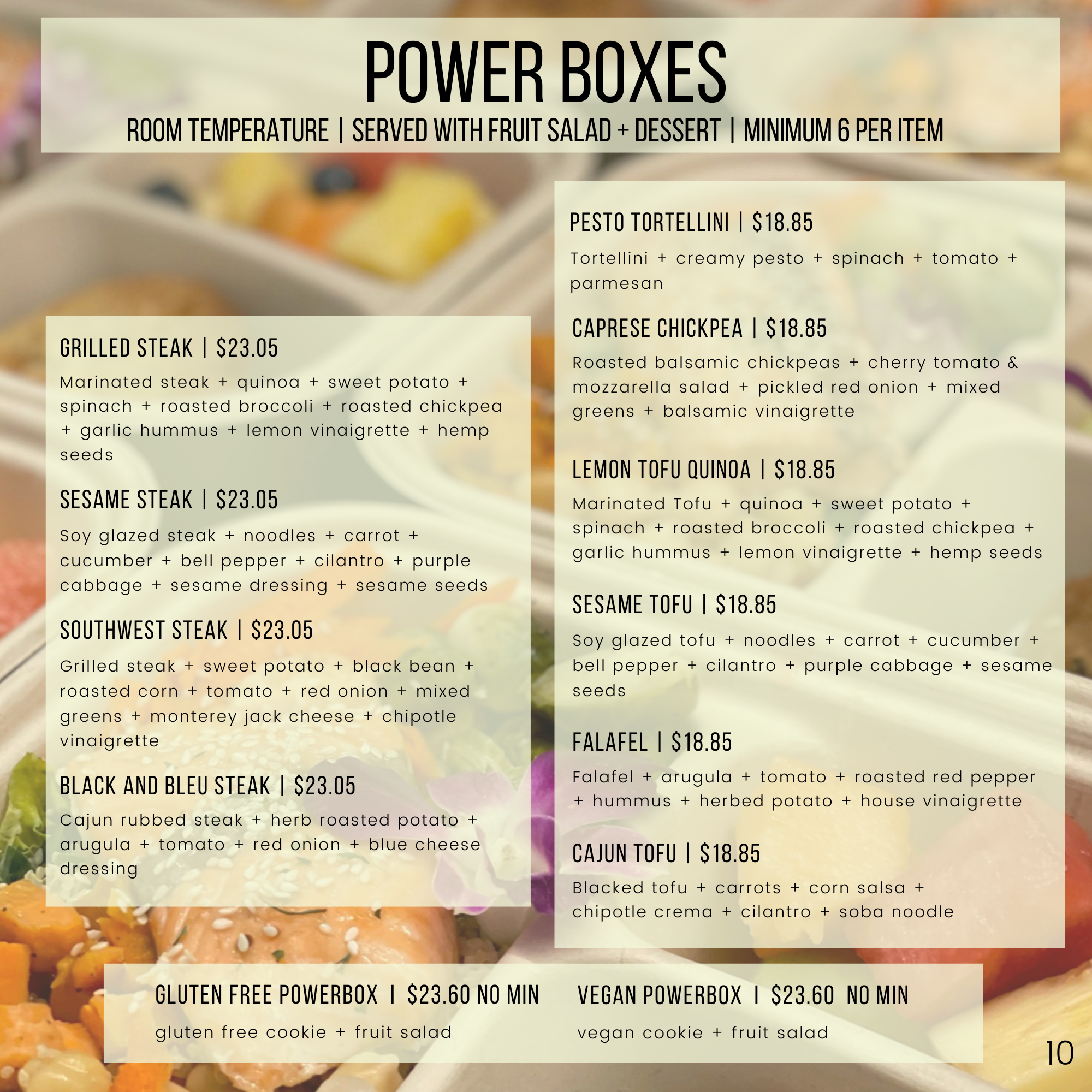 Menu of 'Power Boxes' offerings with prices and ingredients, including Grilled Steak, Sesame Steak, Pesto Tortellini, and Vegan Powerbox. Served with fruit salad and dessert, minimum six per item.