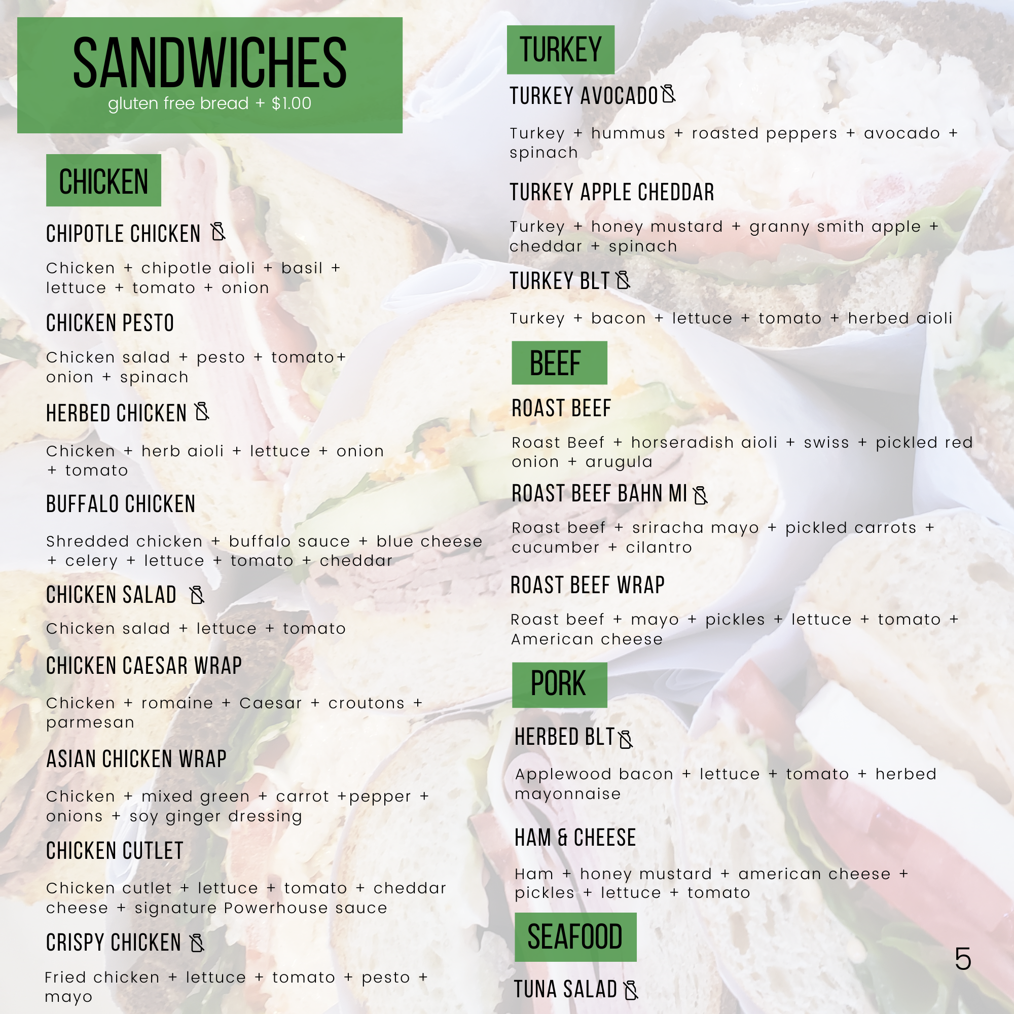 Menu titled "Sandwiches" featuring gluten-free options for an additional $1.00. Categories include Chicken, Turkey, Beef, Pork, and Seafood with items such as Chipotle Chicken, Turkey Avocado, Roast Beef Bahn Mi, Herbed BLT, and Tuna Salad. Ingredients for each sandwich are listed under their respective names.