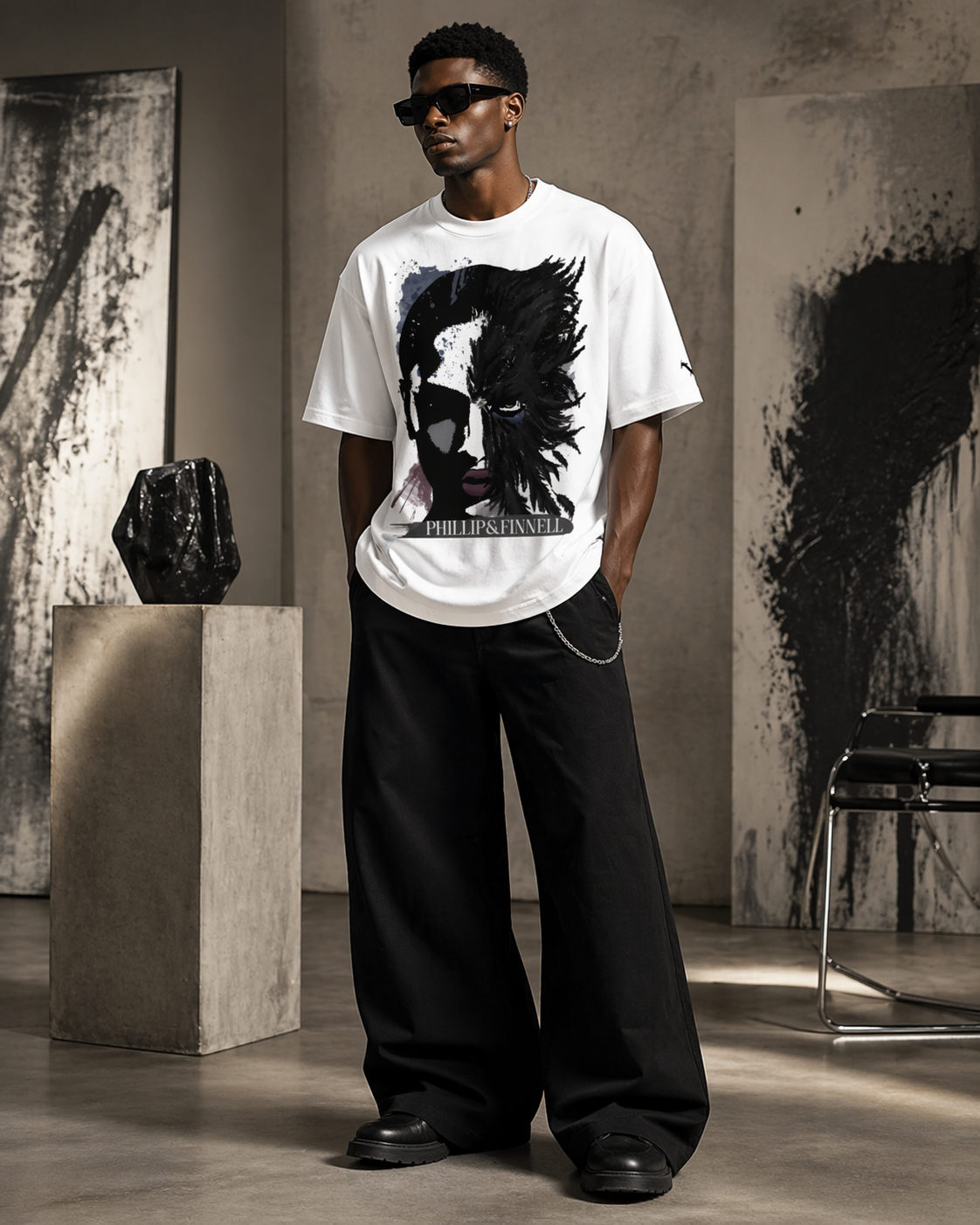 A young man wearing black sunglasses, a white graphic T-shirt with an artistic face design, black wide-leg pants with a chain, and black shoes stands in an art gallery with abstract paintings and sculptures.