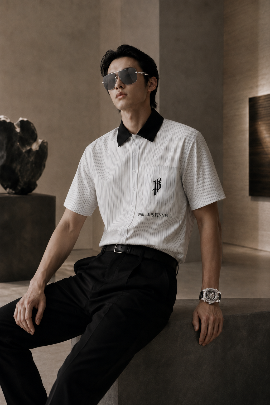 Male model wearing Phillip&Finnell sunglasses and a statement shirt inside a contemporary art gallery.