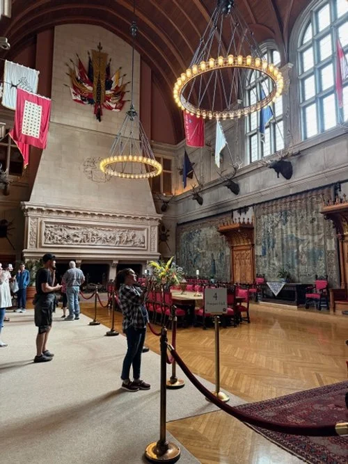 Grand dining room with vaulted wooden ceiling, ornate stone fireplace, circular chandeliers, and formal dining table with red velvet chairs.