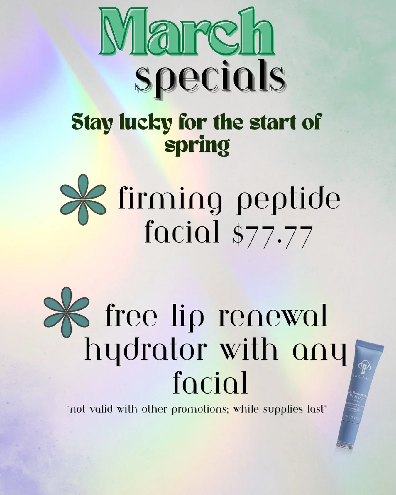 March Specials have arrived 🍀

Begin your lucky streak by booking today! 

#SkinCare #HonoluluFacials #SelfCare #Esthetician #Specials