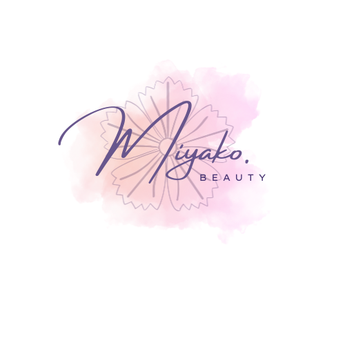 Logo for Miyako Beauty with floral design and pink background.