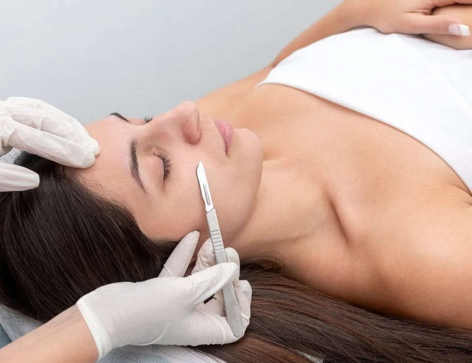 A woman receiving a cosmetic or dermatological treatment on her face from a professional wearing white gloves, lying down with eyes closed.