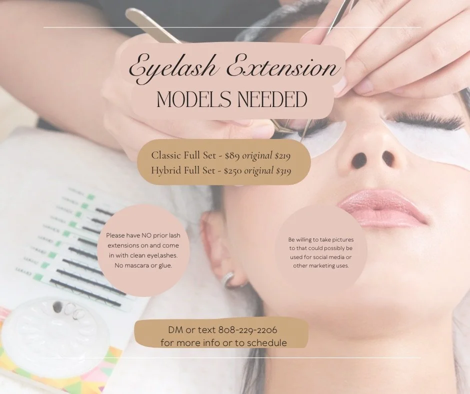 A promotional flyer for eyelash extension services showing a woman receiving lash extensions. The flyer includes details about eyelash extension packages, pricing, requirements for clients, and contact information for scheduling.