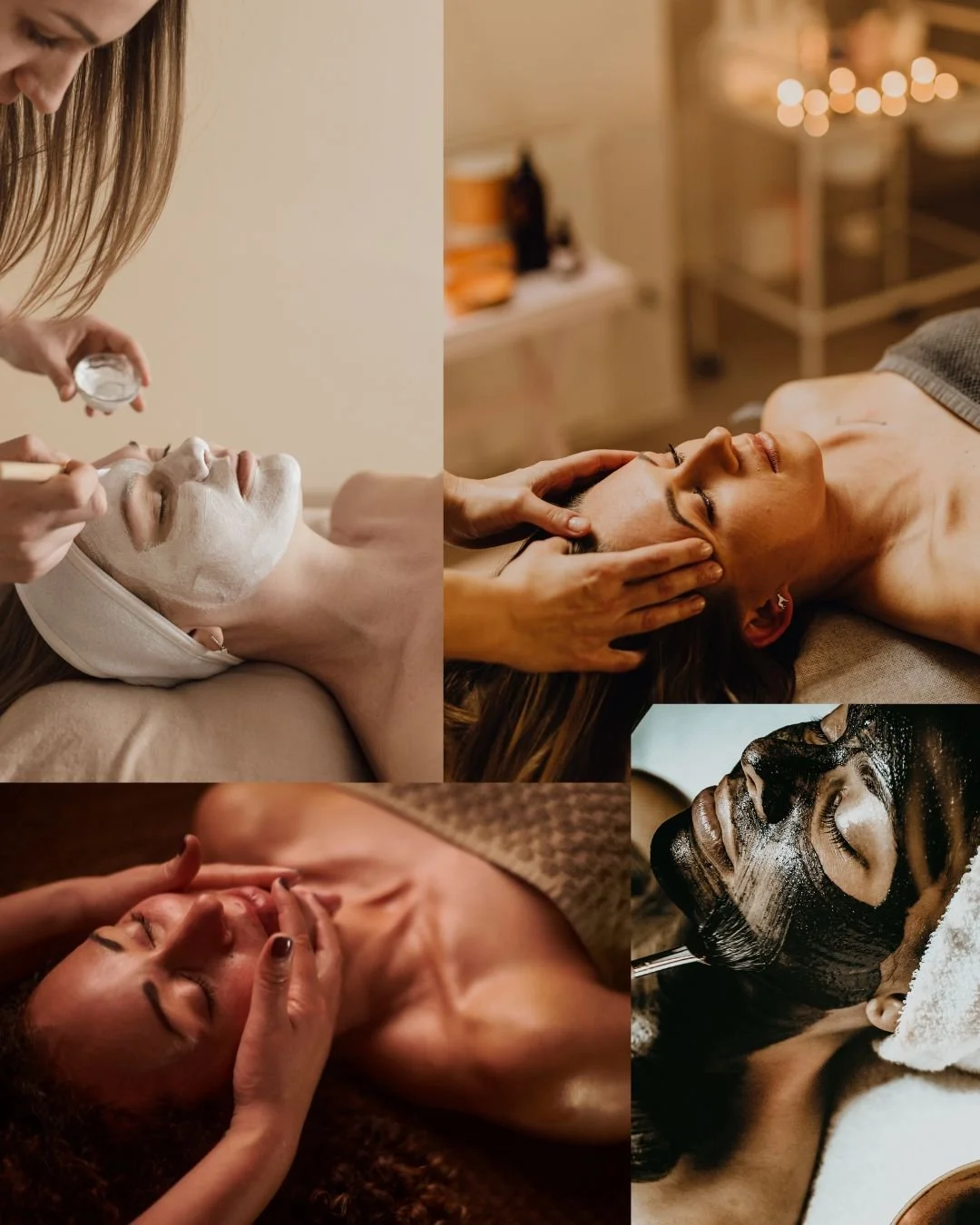 Collage of women receiving facials and massages at a spa.