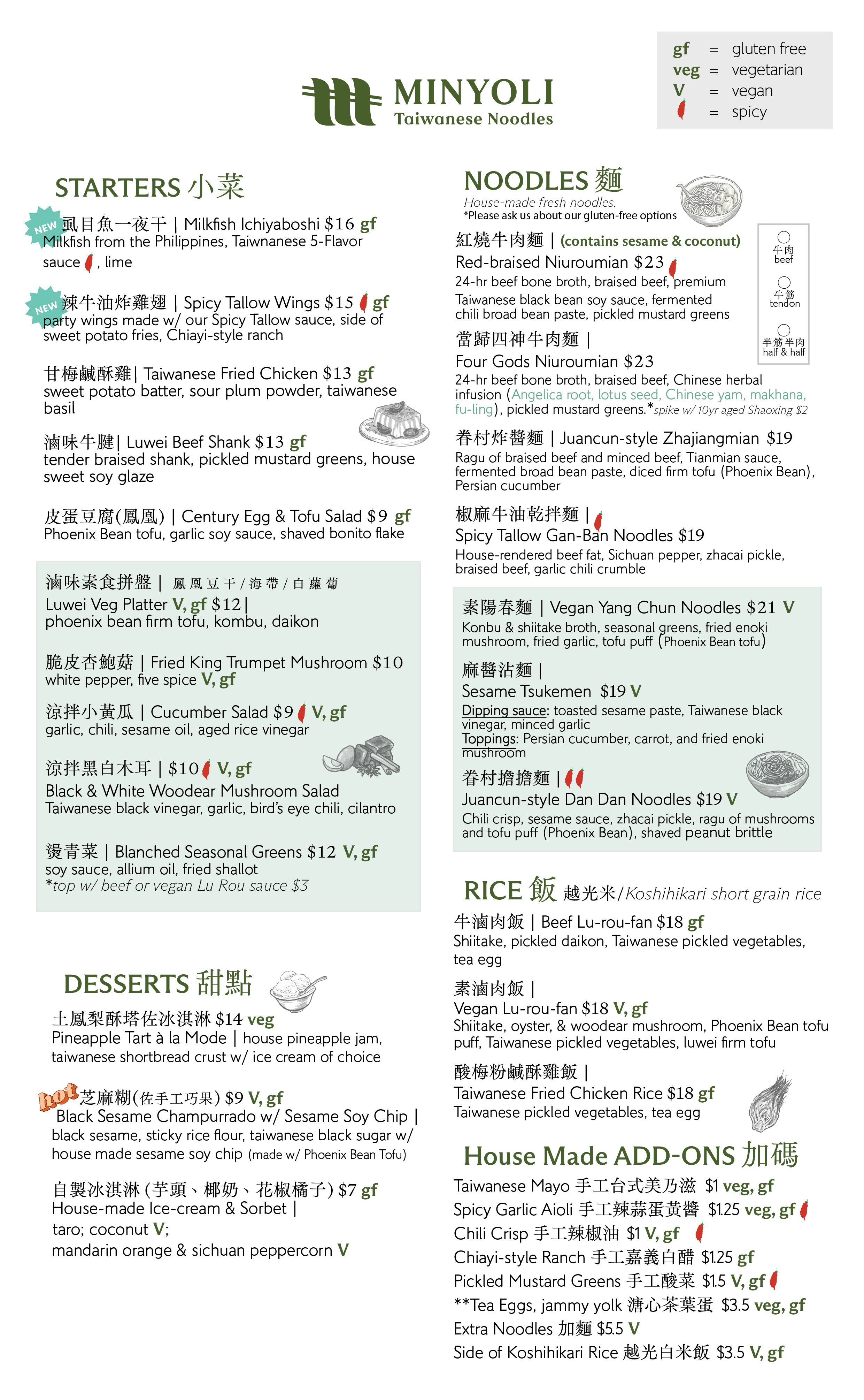 A menu listing Taiwanese noodle dishes, rice, desserts, and house-made add-ons, with icons indicating gluten-free, vegetarian, vegan, and spicy options.