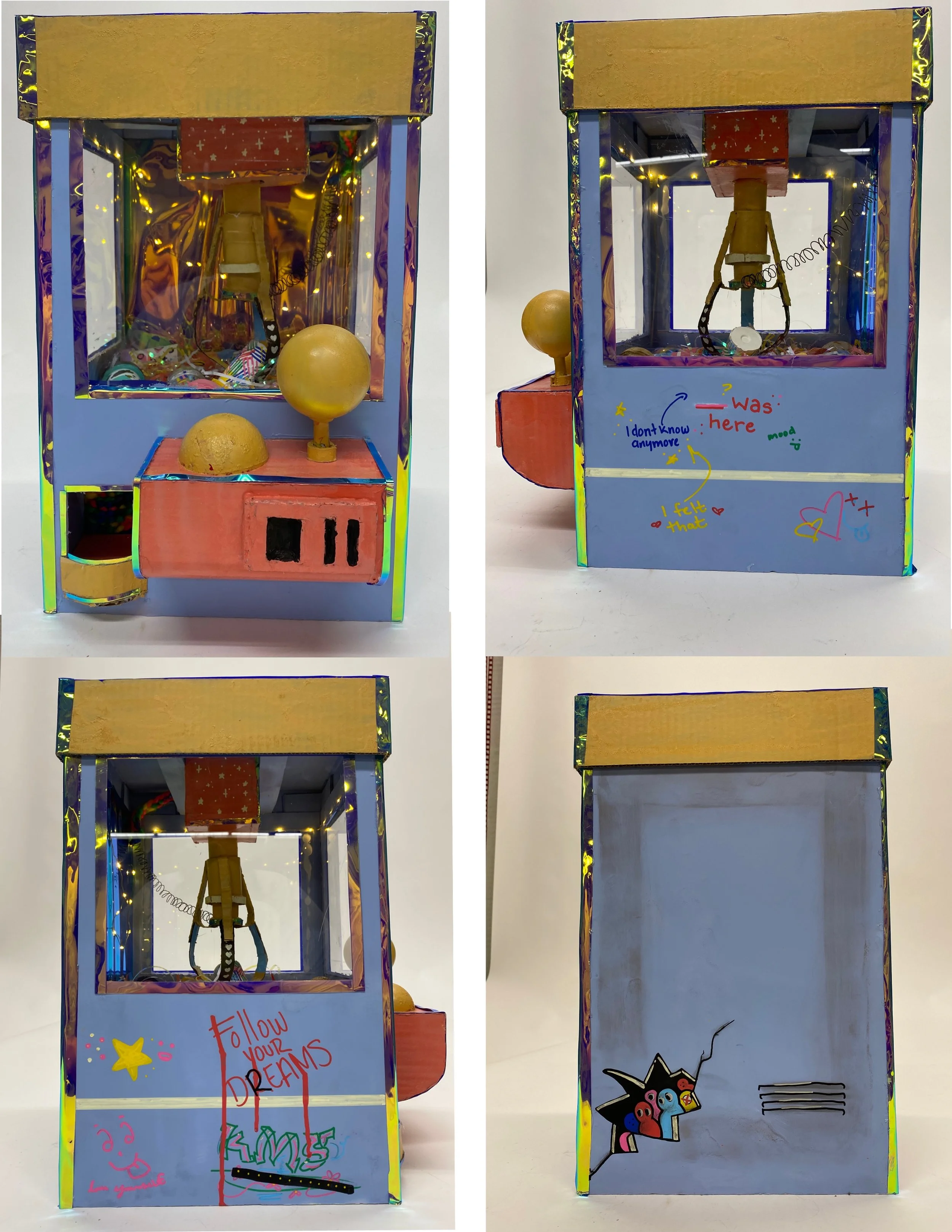 The Fun Way to Medicate, May 2022
Claw machine: cardboard, poster board, stress relief ball, reflective vinyl, wood, wire, eco tie yarn, spray paint, POSCA markers, fairy lights, and paper Easter grass
10” x 10” x 20”
Pill Bottles: plaster, acry
