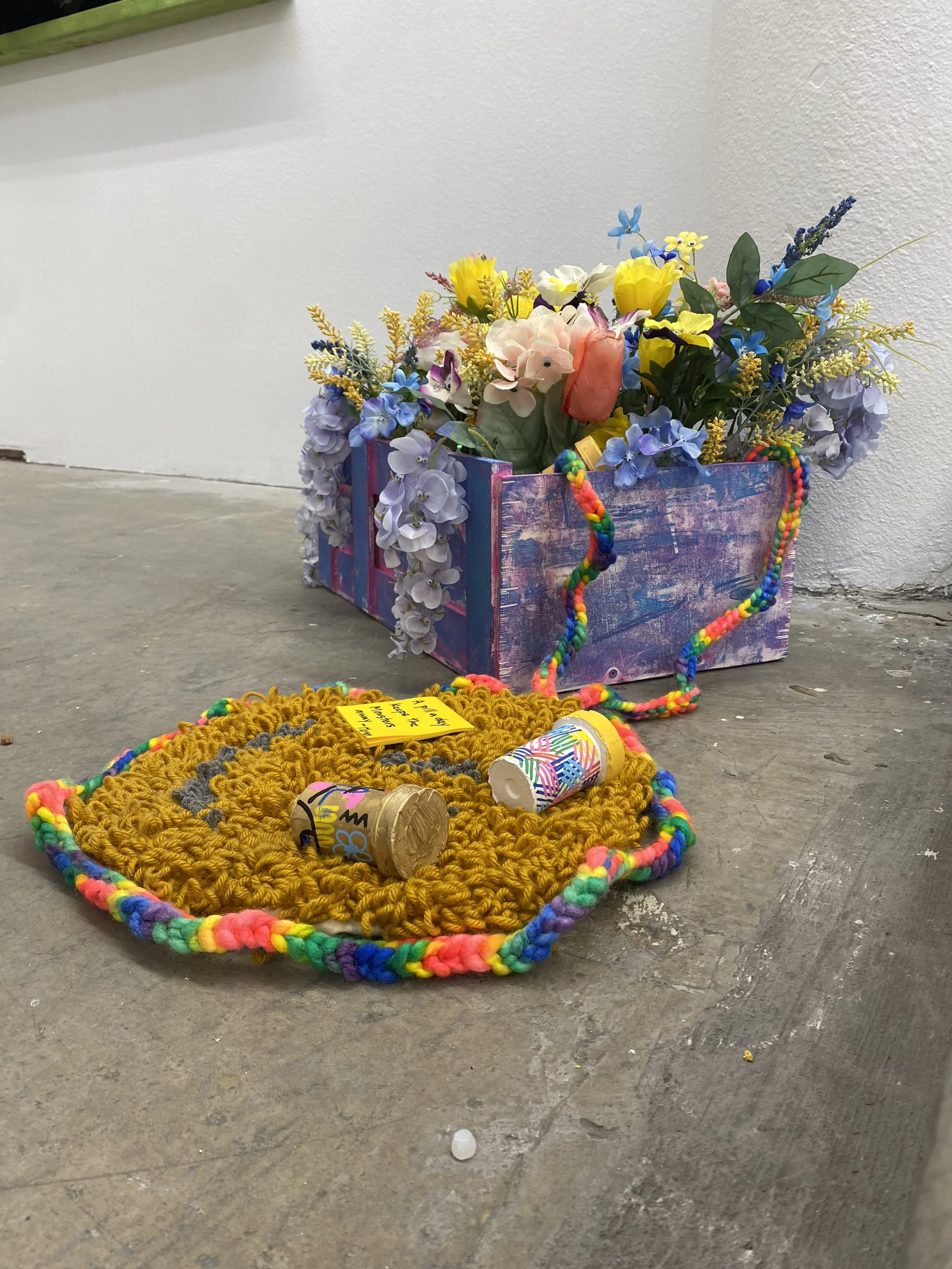 My watchful Garden, 2024
Assorted artificial flowers, googly eyes, acrylic paint, plaster, wood, acrylic paint, floral foam, canvas, easter confetti, artificial moss, sticky note pad