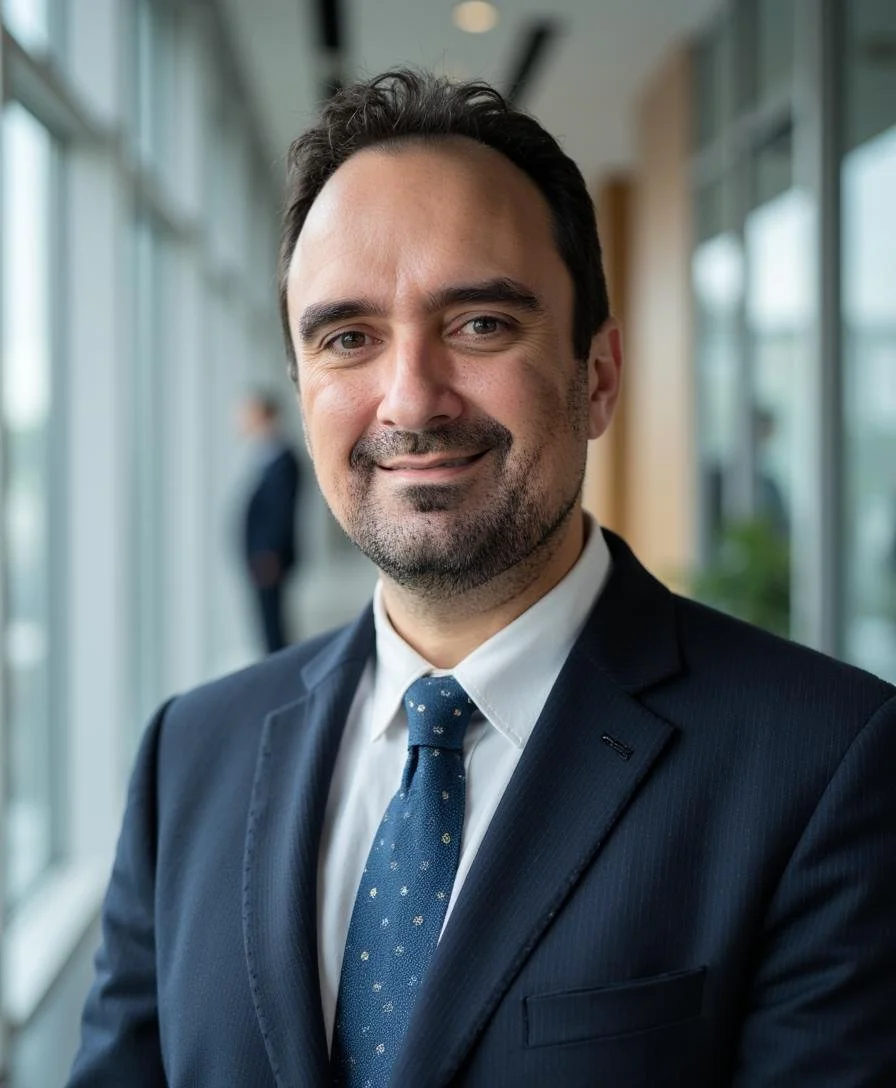 A smiling man in a business suit and tie standing in a modern office with large windows.