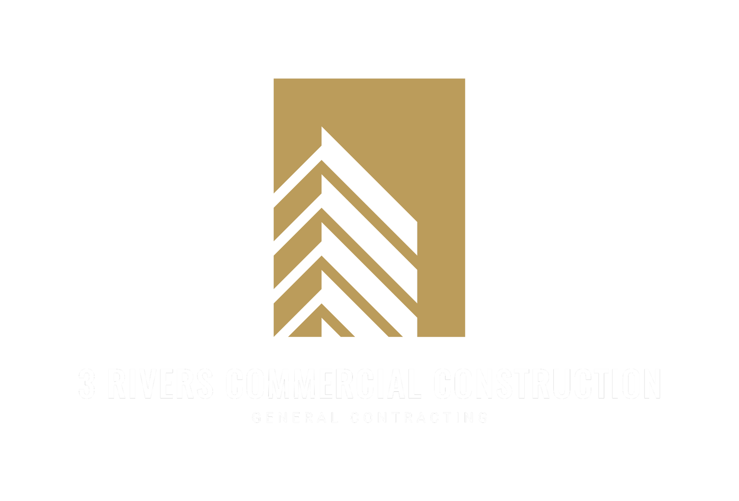 Logo for 3 Rivers Commercial Construction featuring a stylized gold and black graphic of buildings and the company name with a tagline