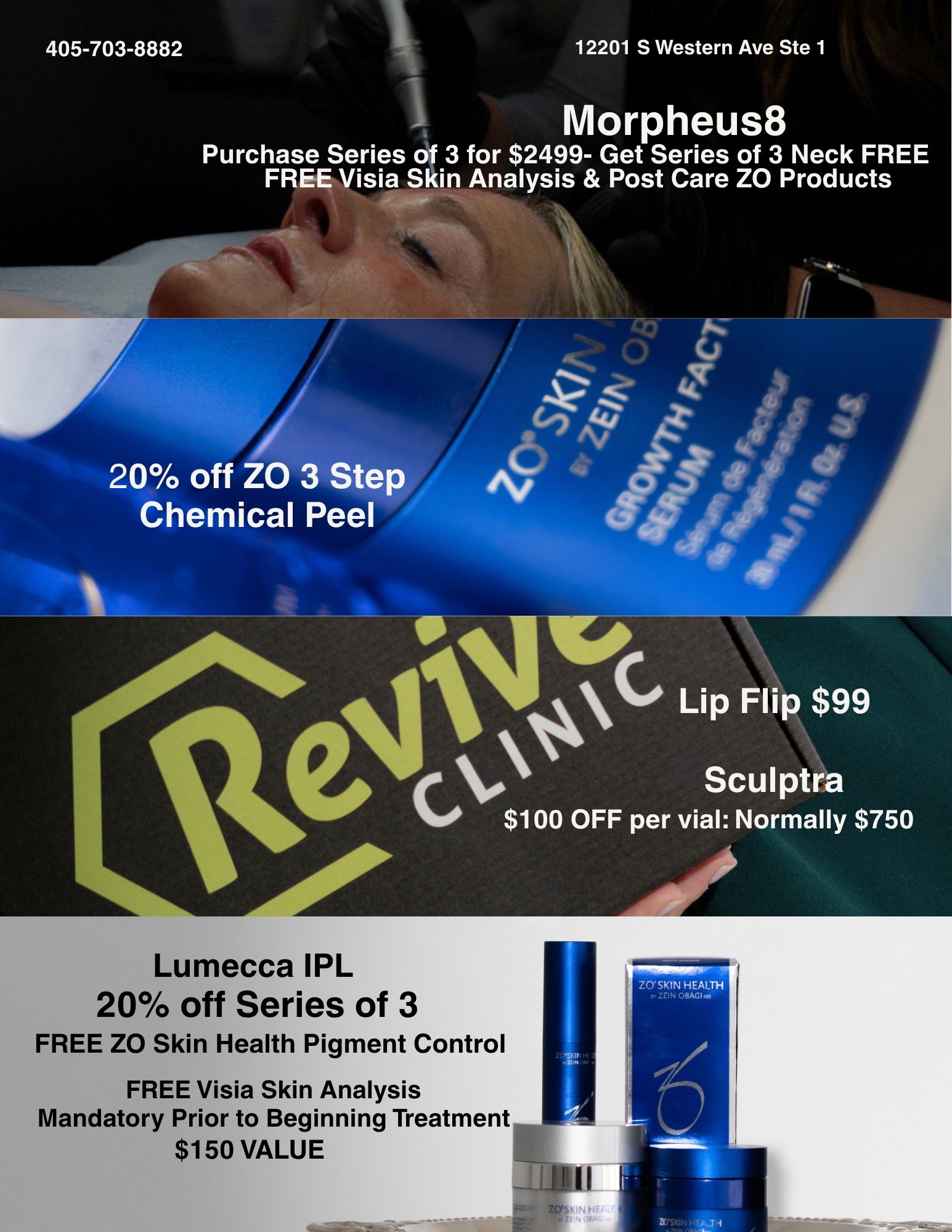 Various skincare and cosmetic products on display with promotional text offering discounts and free services.