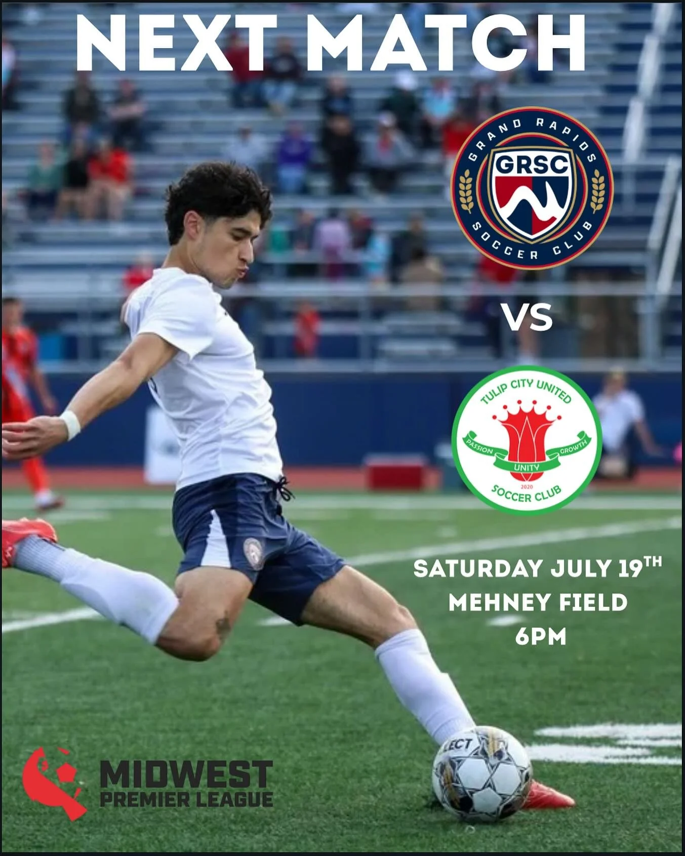 NEXT GAME 
One last time for the summer, no better way to end the season than at home! 
Come see the boys play at Mehney field one last time this summer against @tulipcityunited 

$5 tickets online 

#WeAreGR #GRSC #MWPL #4thecity #OneTeam #OneDream