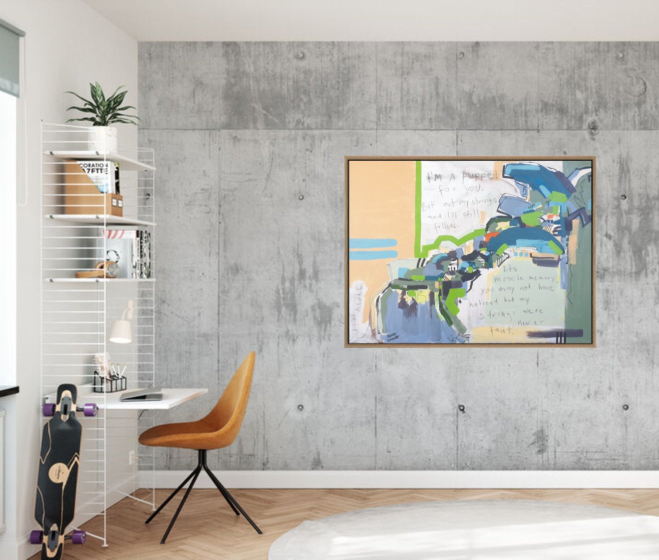 Framed abstract landscape on text on concrete wall in bedroom