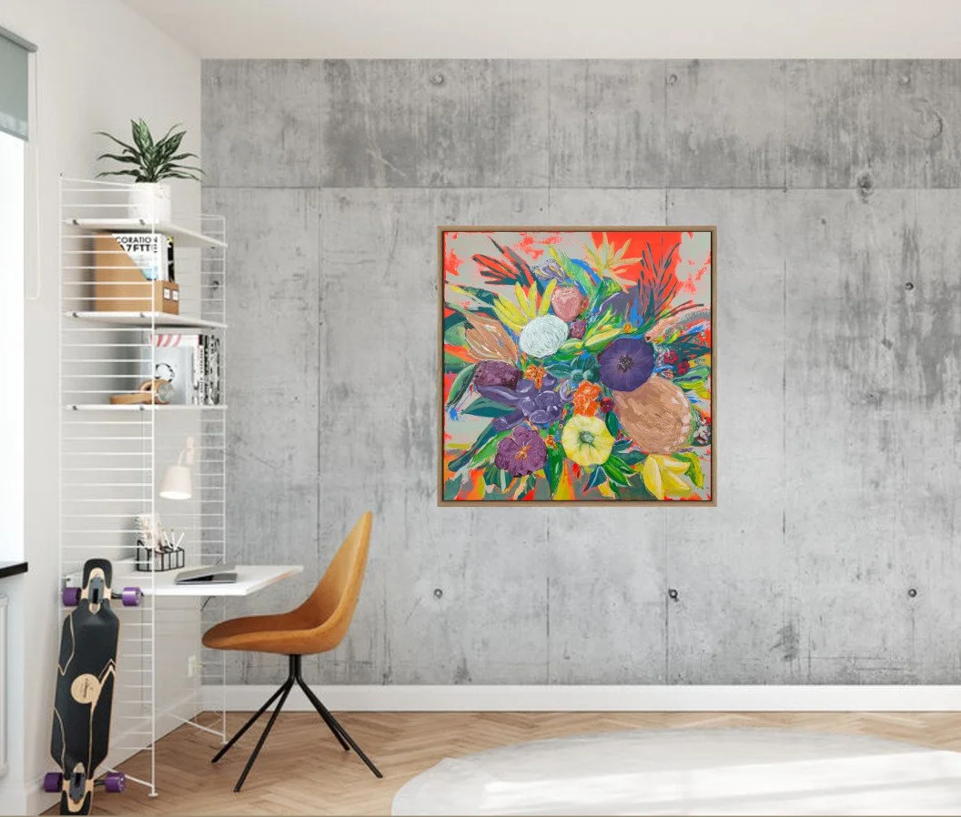 Framed artwork of expressionist florals on concrete wall in modern bedroom