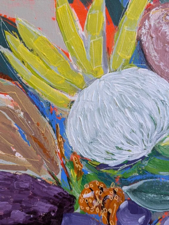 Close up details of an expressionist bouquet of flowers on a fluoro red background with a variety of florals and leaves