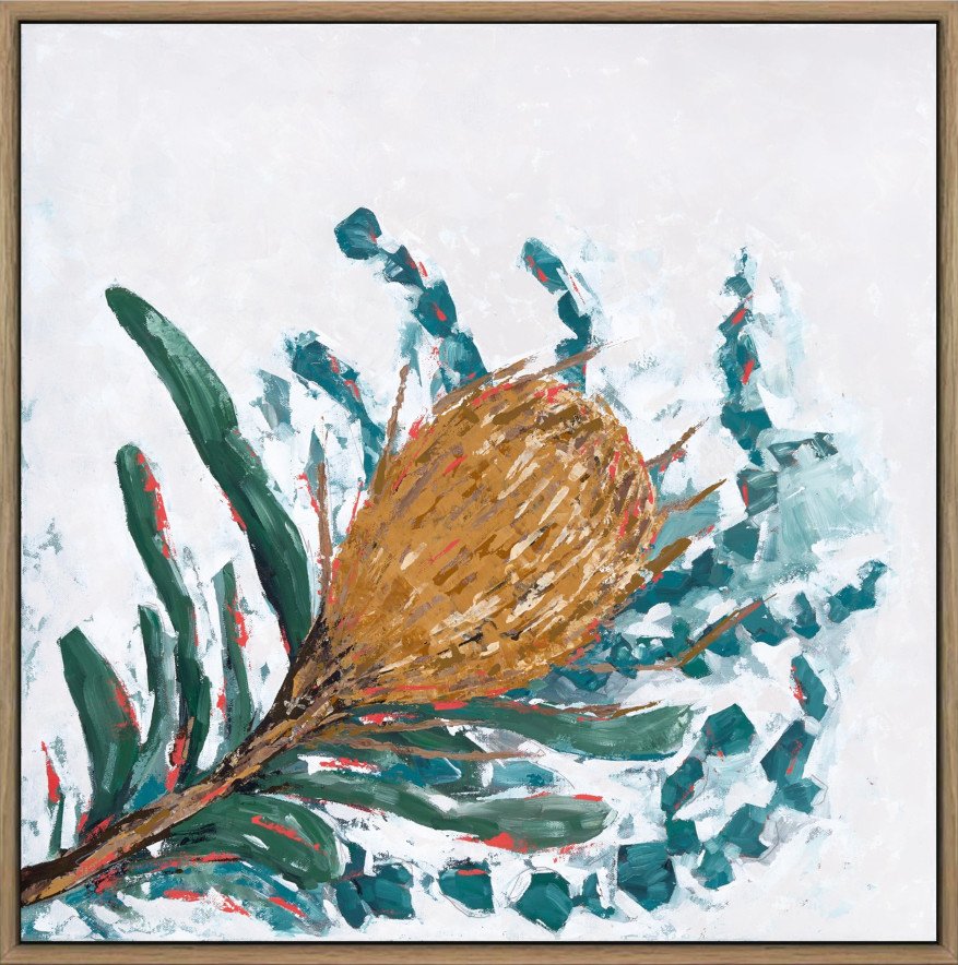 Framed minimalist painting of a single banksia stem with high-contrast texture and abstract leave stems on a textured off-white background