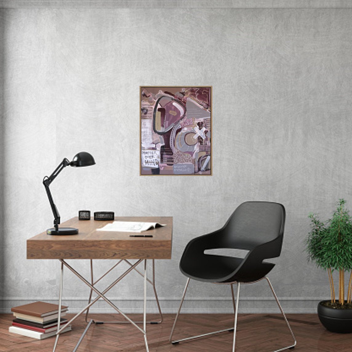 Framed purple abstract portrait on grey wall in study