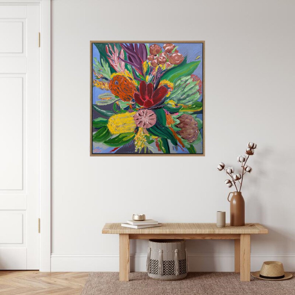 Framed Artwork of expressionist flowers on wall with bench and decor