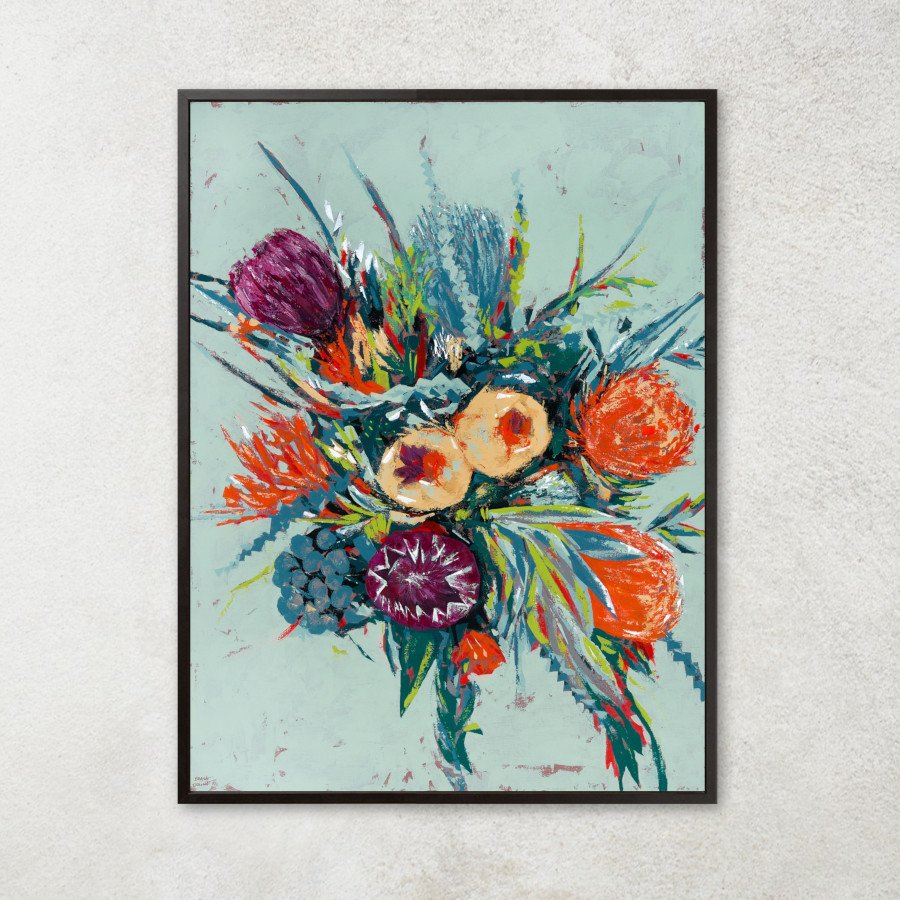 Framed Artwork of expressionist bouquet of flowers on a pastel blue background with a variety of florals and leaves