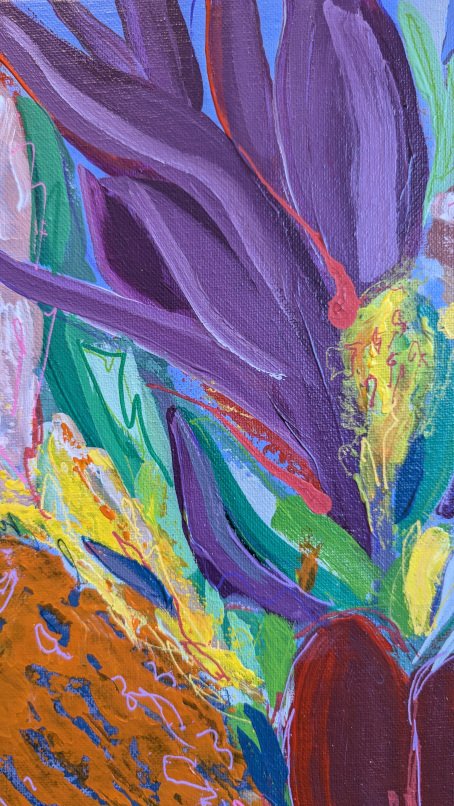 Close up details of an expressionist bouquet of flowers on a purple blue background with a variety of florals and leaves