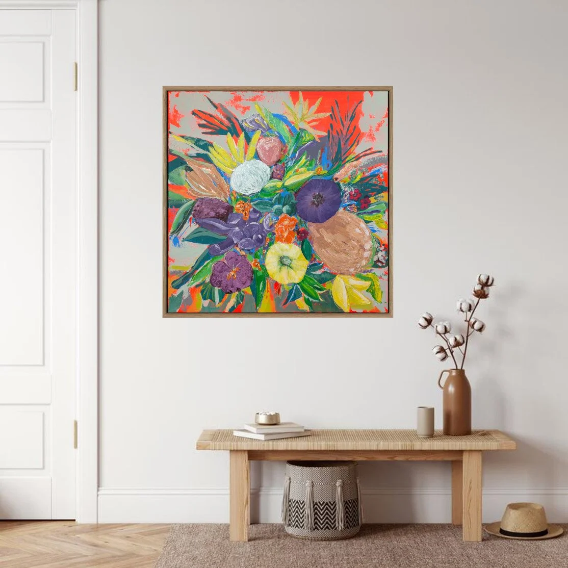 Framed Artwork of expressionist flowers on wall with bench and decor