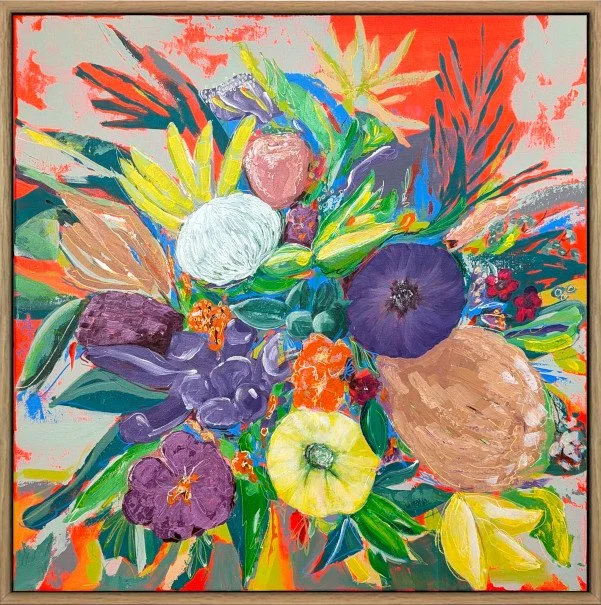 An expressionist bouquet of flowers on a fluoro red background with a variety of florals and leaves
