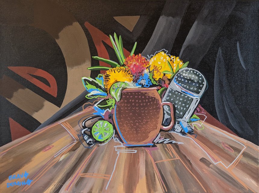 Street art still life painting with copper mug, vintage microphone, and flowers on wood table with a graffiti background