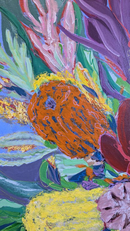 Close up details of an expressionist bouquet of flowers on a purple blue background with a variety of florals and leaves