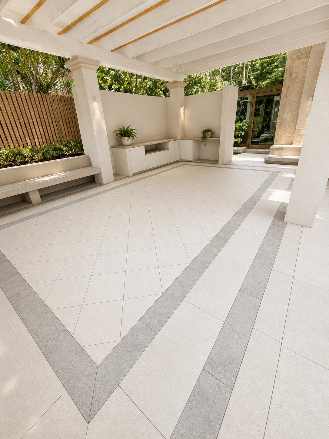 An outdoor patio with tiled flooring, white walls, and potted plants, surrounded by greenery and a wooden fence.
