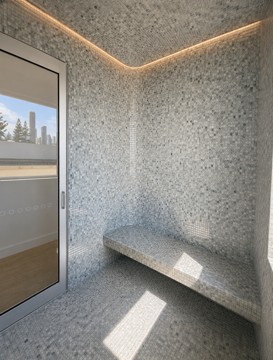 A tiled steam room with small gray mosaic tiles, a built-in bench, and a glass door leading outside with a cityscape view.