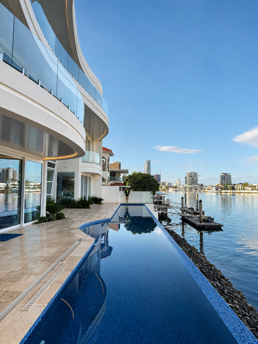 Luxury modern building with curved glass balconies overlooking a waterway, with a swimming pool and docked boats in the foreground, and tall city buildings across the water.