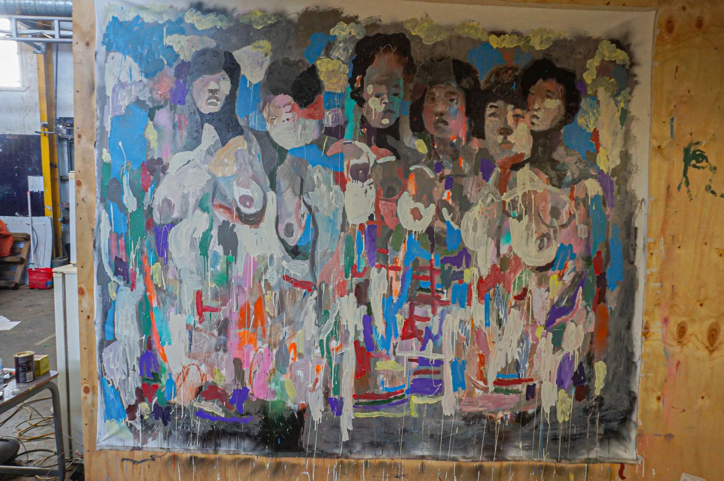 6 Ladies - 250x190- oil, acrylic, spray paint and pastels on canvas- click for details