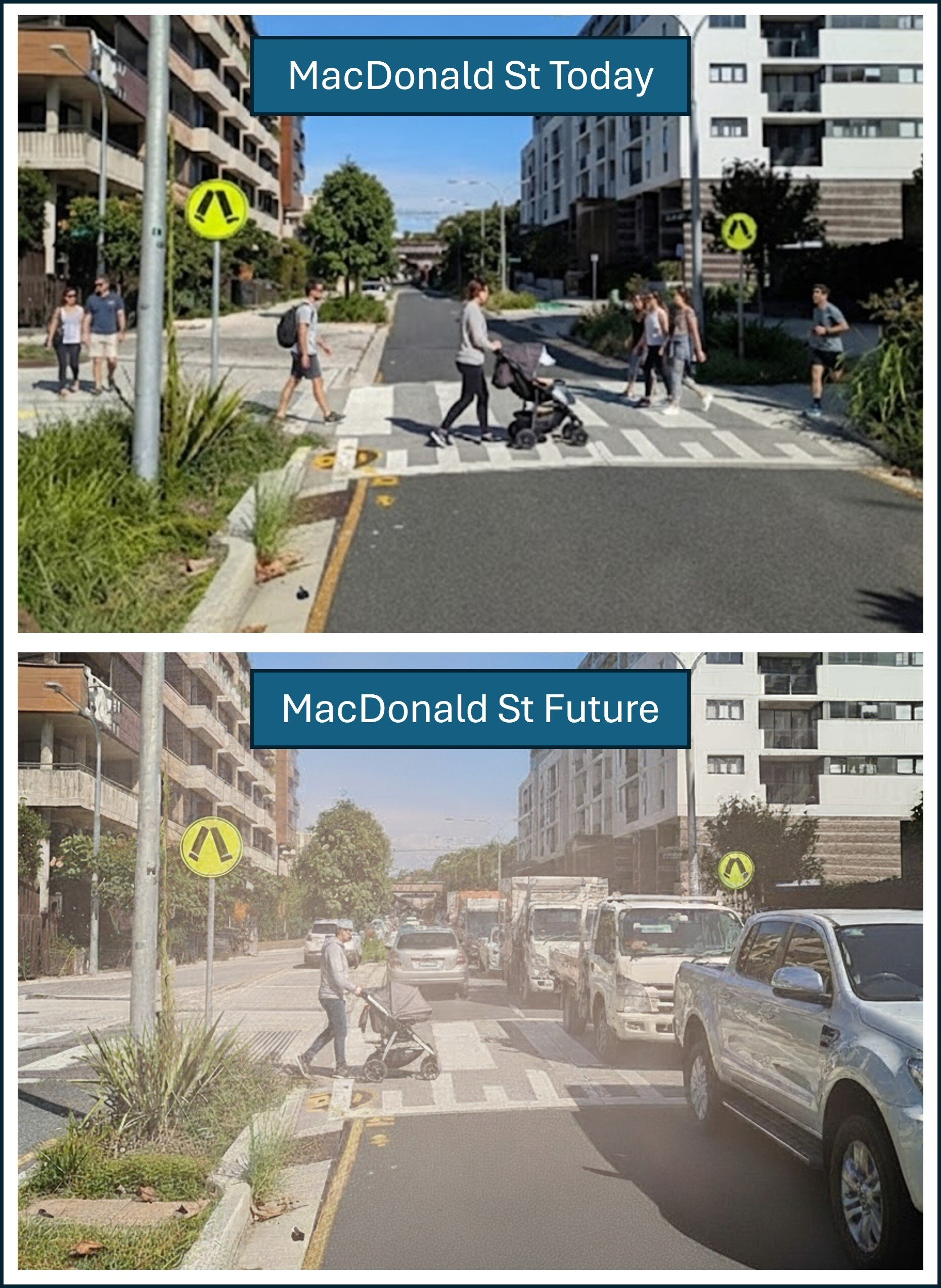 Figure 5: Artist’s impression of MacDonald St, Erskineville, with and without through traffic – created using Gemini AI.