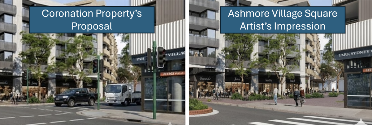 Coronation property proposal and an artist’s impression of modal filter/public square on MacDonald St, Erskineville – created using Gemini AI and Photoshop.