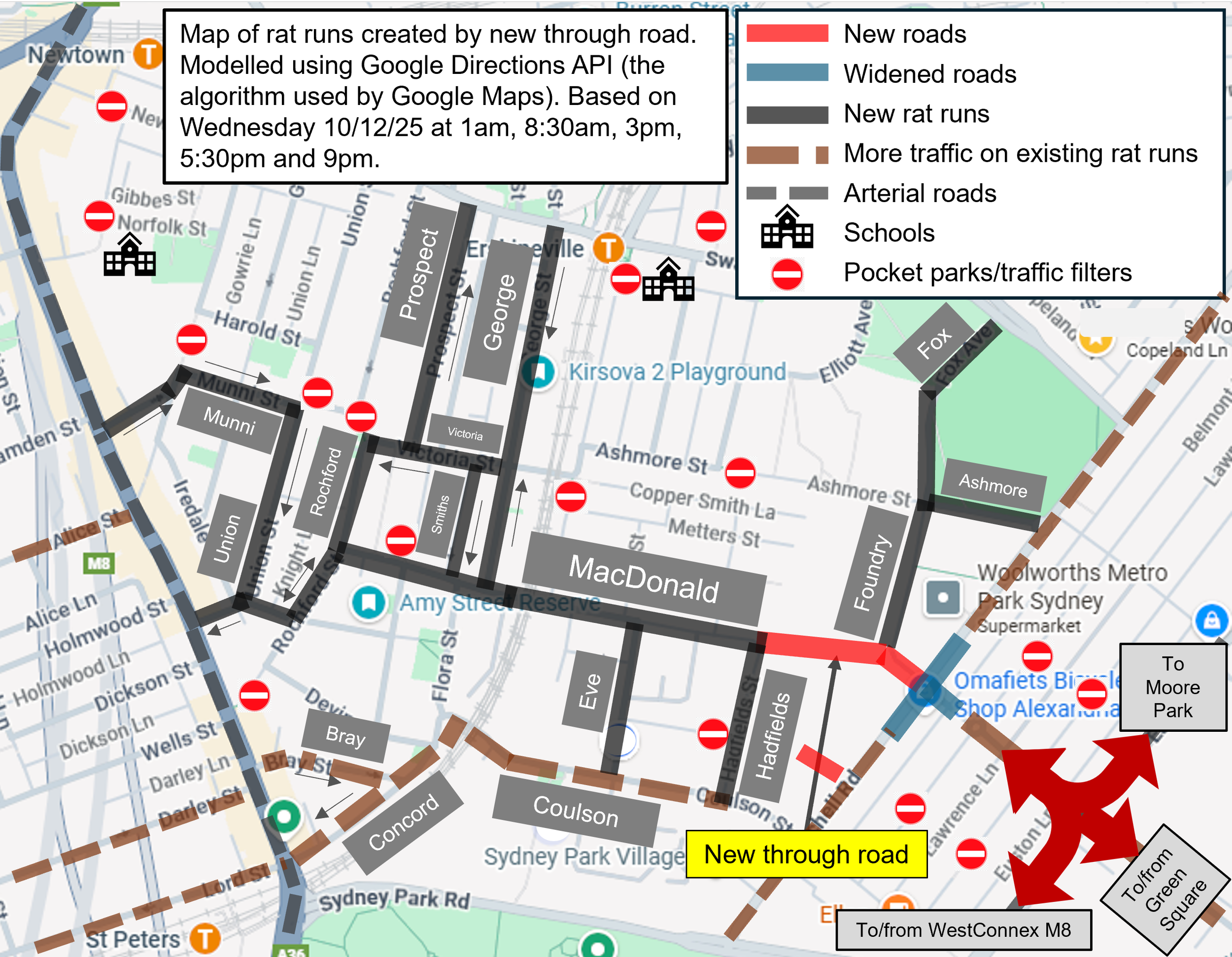 Figure 4: How a proposed new road would reopen local streets in Newtown and Erskineville to through traffic.