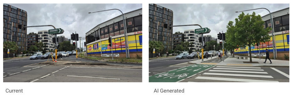 AI Generated image of a Streetscape with cycleway and pedestrian crossing