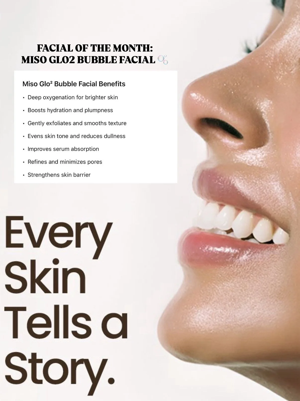 𝙈𝙞𝙨𝙤 𝘽𝙪𝙗𝙗𝙡𝙚 𝙁𝙖𝙘𝙞𝙖𝙡 🫧✨

Give your skin a bubbly spa day! 🧖&zwj;♀️ 

Our Miso Bubble Facial uses soft, fluffy bubbles to gently lift away dirt, excess oil, and clogged impurities &mdash; leaving your skin feeling fresh like a mochi an