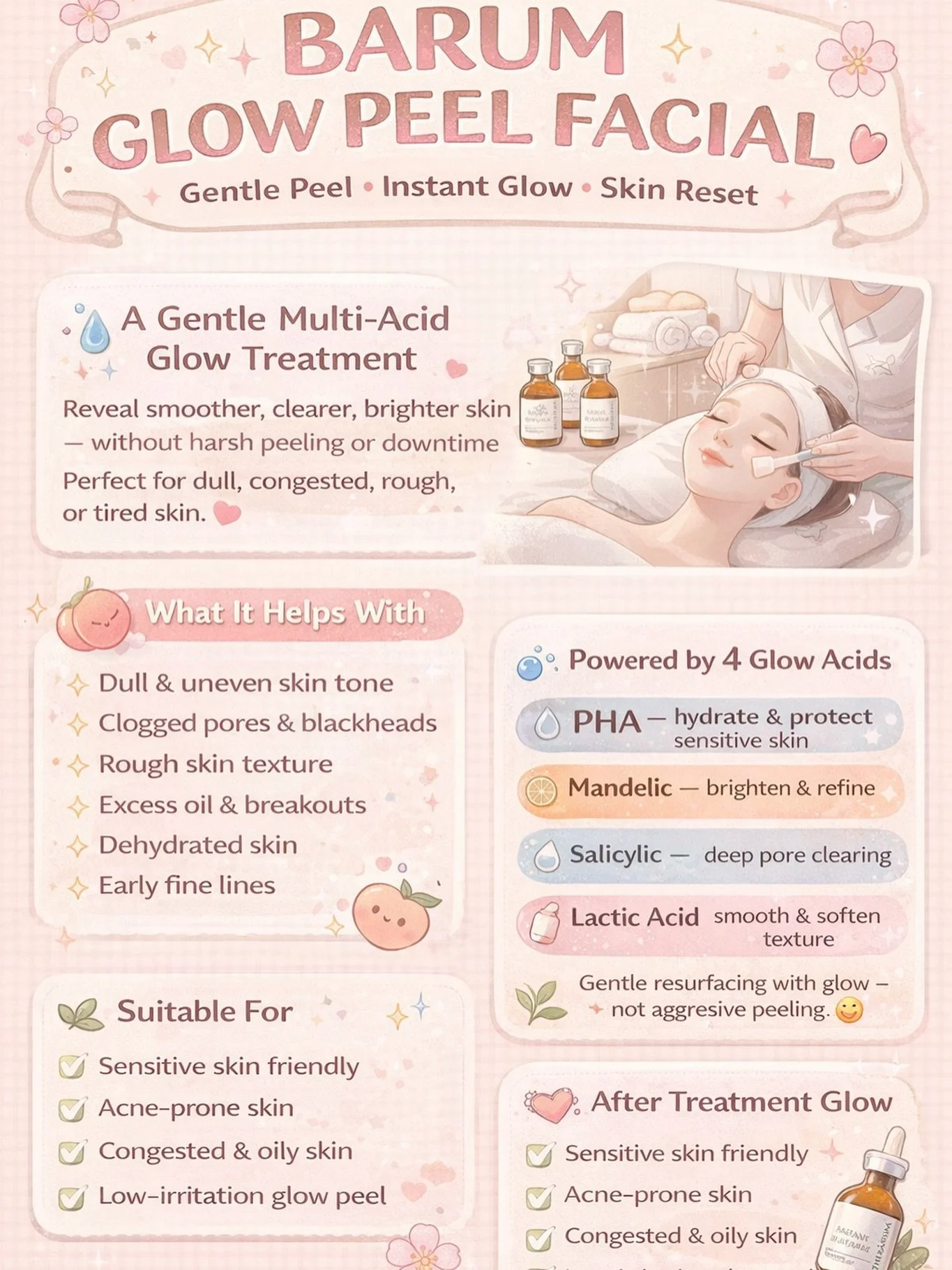 🌸 Facial of the Month &mdash; Barum Glow Peel Facial 🌸

Your gentle skin reset for brighter, clearer, smoother glow ✨
Perfect for dull skin, clogged pores &amp; uneven texture.

This multi-acid glow peel helps to refine pores, smooth texture, contr