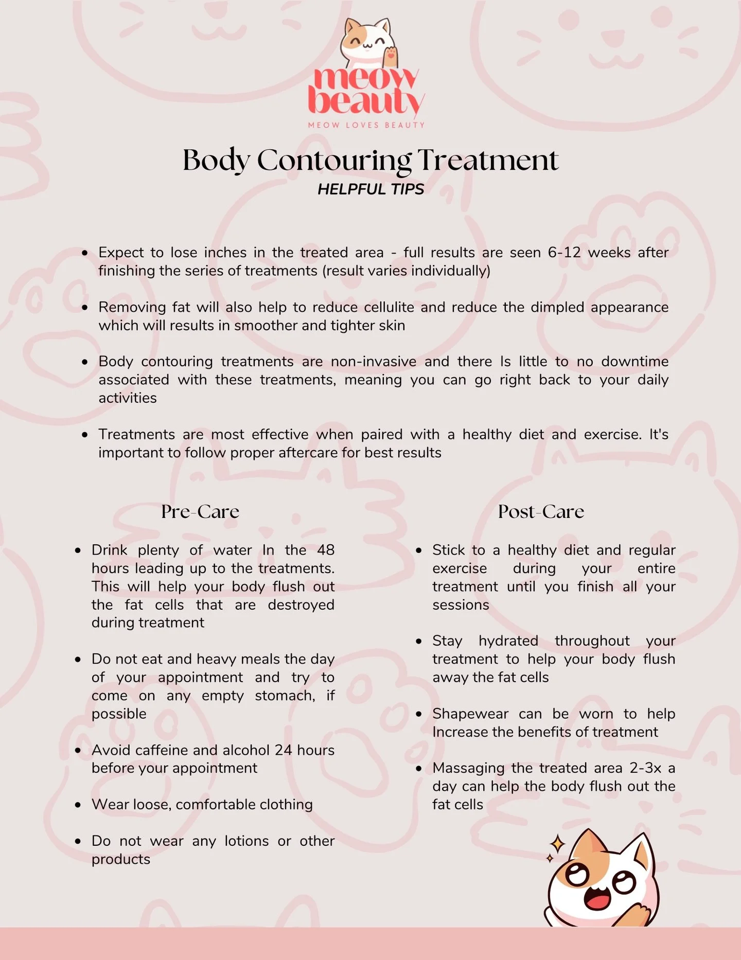 Aftercare for all our body contouring treatments 💕 

Putting this up so you know 🤭

#glowup #beauty #meowbeautybar #slimming #beautysalon