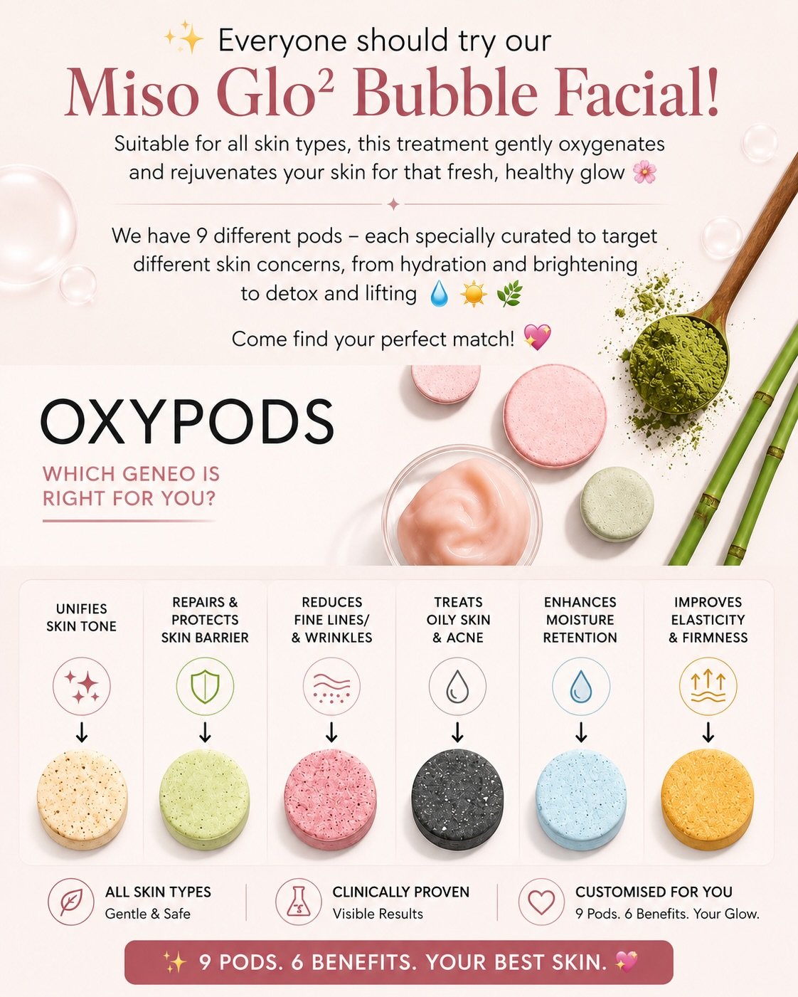 𝙈𝙞𝙨𝙤 𝘽𝙪𝙗𝙗𝙡𝙚 𝙁𝙖𝙘𝙞𝙖𝙡 🫧✨

Give your skin a bubbly spa day! 🧖&zwj;♀️ 

Our Miso Bubble Facial uses soft, fluffy bubbles to gently lift away dirt, excess oil, and clogged impurities &mdash; leaving your skin feeling fresh like a mochi an