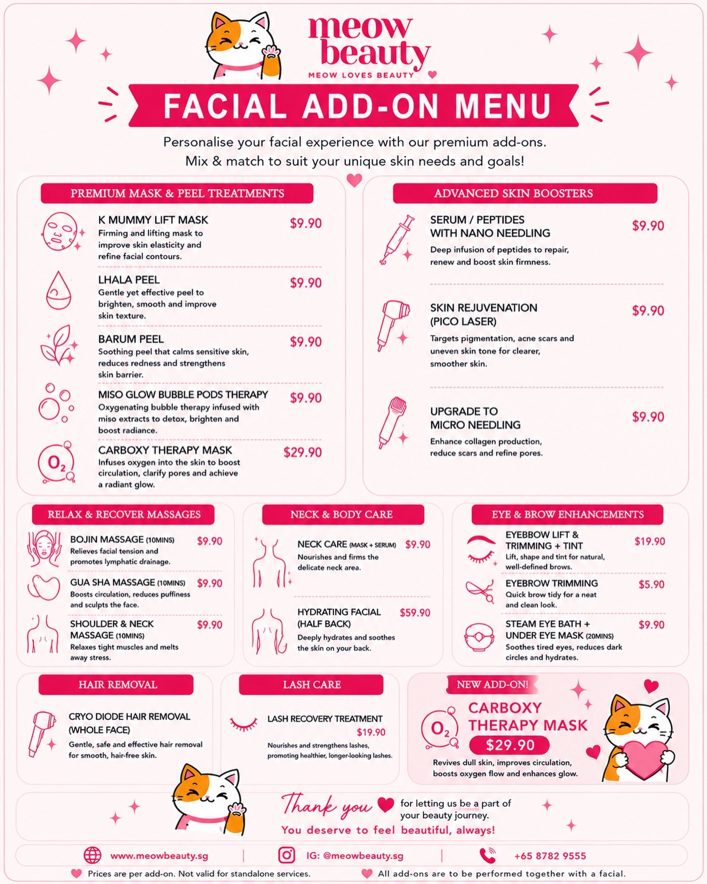✨ Facial Add-On Menu ✨

Customise your facial experience with our premium add-ons 🫶🏻

From soothing peels, skin boosters, massages, brow care to advanced treatments &mdash; mix &amp; match according to your skin goals 💖

⭐ New Add-On: Carboxy Ther