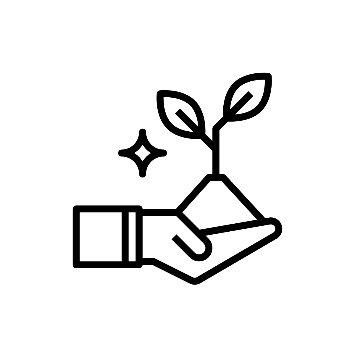 Outline of a hand holding a small plant in a pot with a star-shaped sparkle nearby.