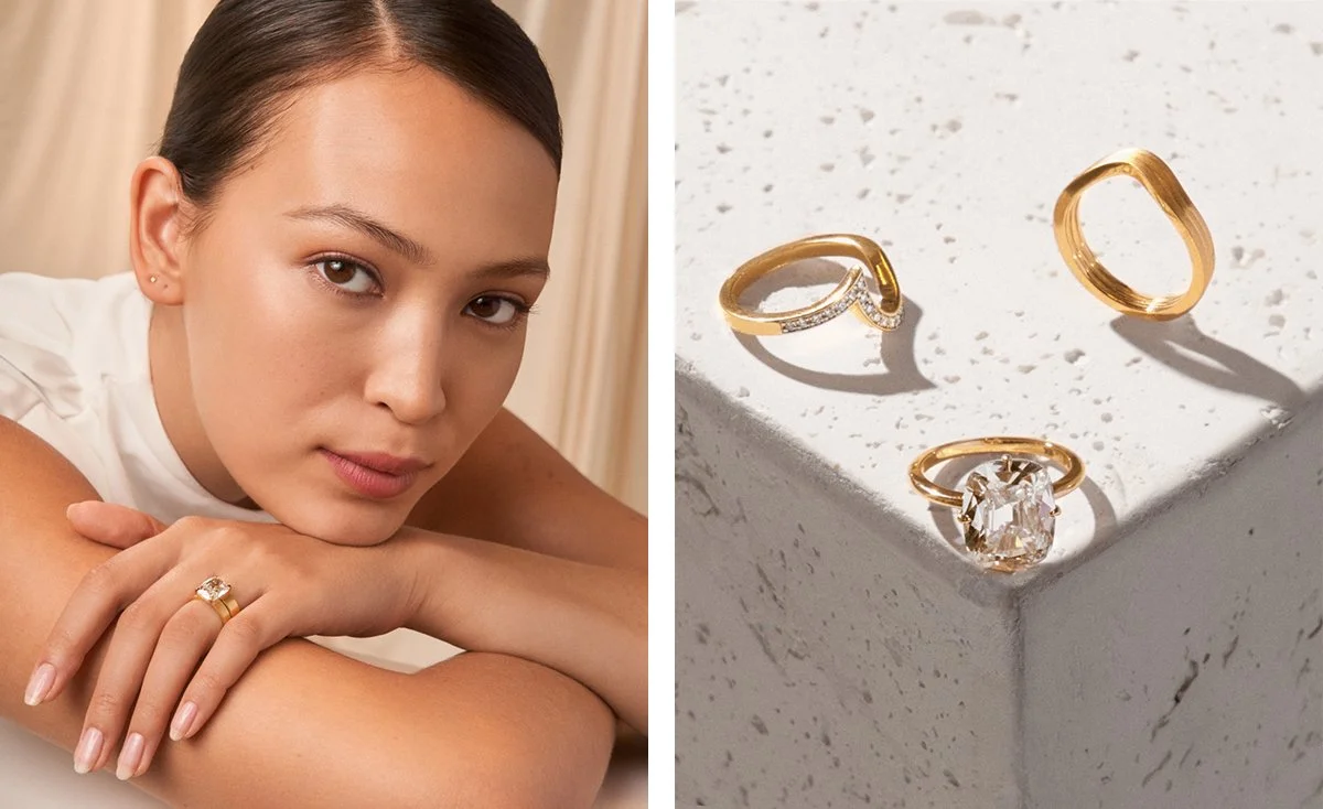 Jewelry advertising diptych pairing a model portrait with a close-up of a gold ring.