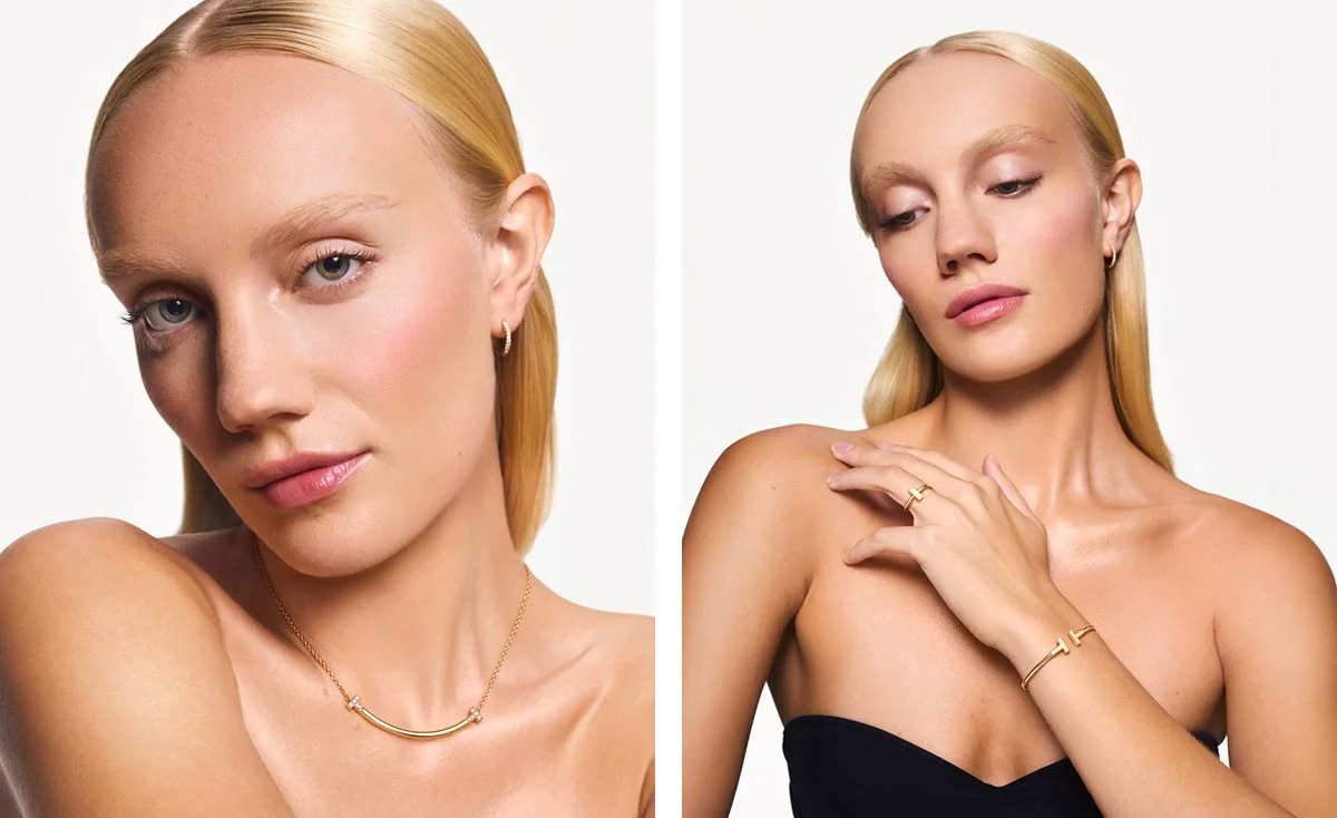 Jewelry beauty diptych featuring a blonde model wearing a necklace, rings, and bracelets.