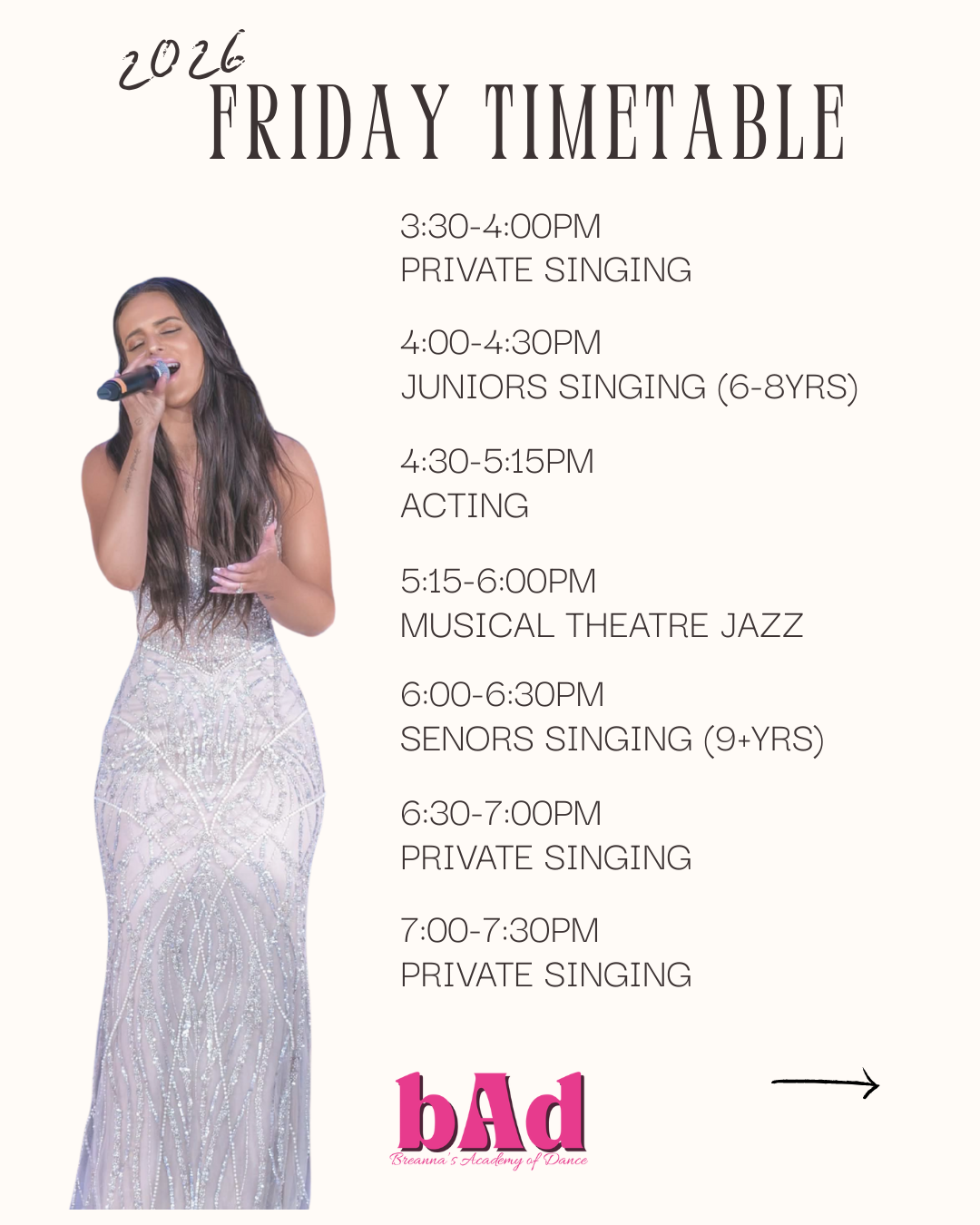 Jacinta cox, singing, acting and musical theatre teacher. Times and availability