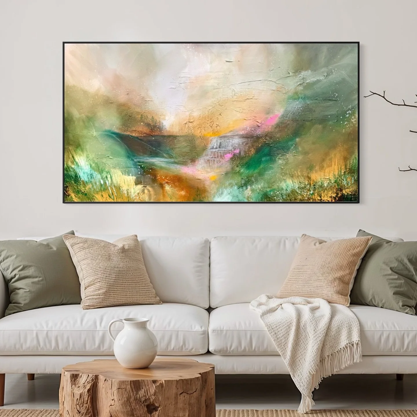 Olipas ihanan erilainen tilausteos 💚

T&auml;h&auml;n sain toteuttaa semi-abstraktia maisemaa. Alunperin toiveissa oli neutraalimpi teos, mutta prosessin aikana v&auml;ris&auml;vyt lis&auml;&auml;ntyiv&auml;t ja ah, miten hieno t&auml;st&auml; tuli 